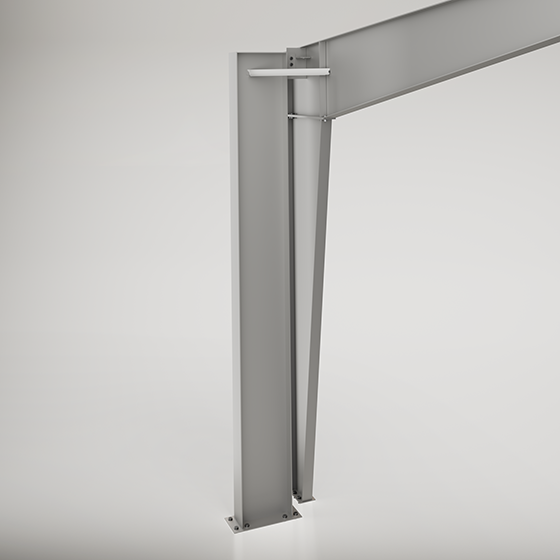 Wind post structural render showing reinforced vertical steel support integrated into a rigid frame connection for enhanced lateral load resistance.